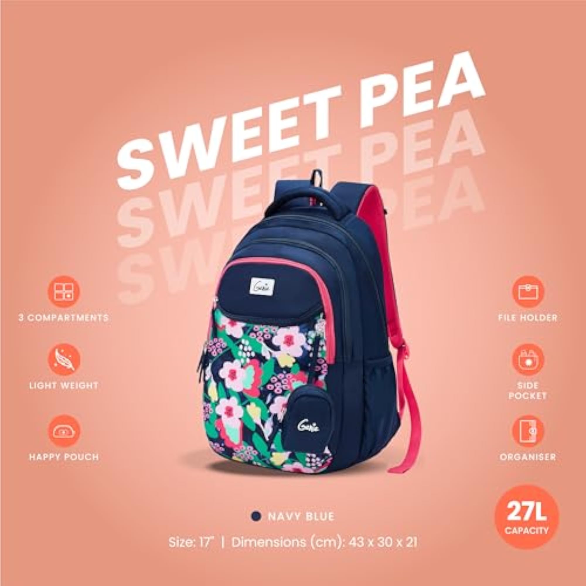 Sweetpea 17" Cute Colourful Girls Backpack, Water Resistant